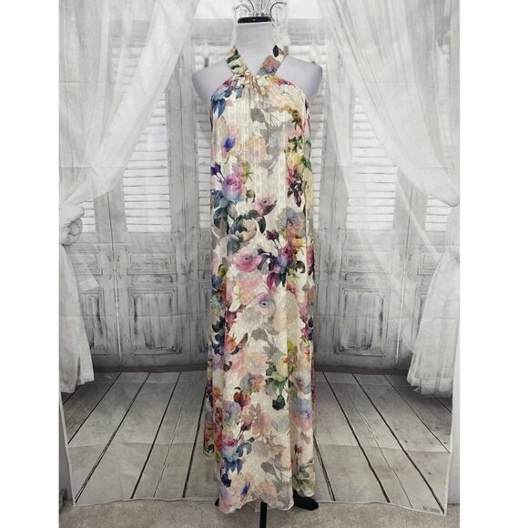 Alex Marie Dresses & Skirts - Alex Marie Ivory Pink Floral Long Maxi Sleeveless V Neck Halter Dress Easter NEW